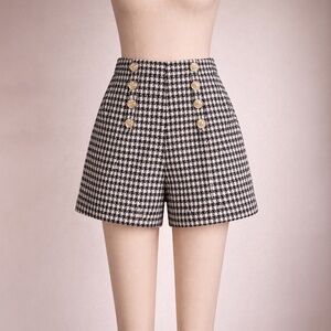 Black & White Houndstooth High-Rise Shorts | Gold Button Detail | Pin Up Shorts